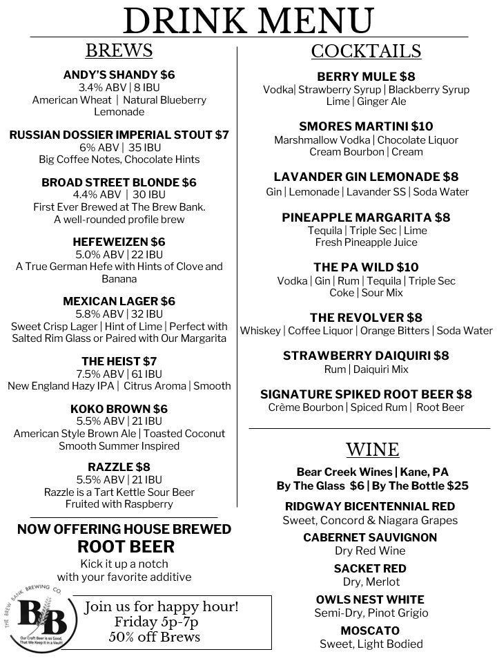 Our Menu – The Brew Bank Brewing Co.